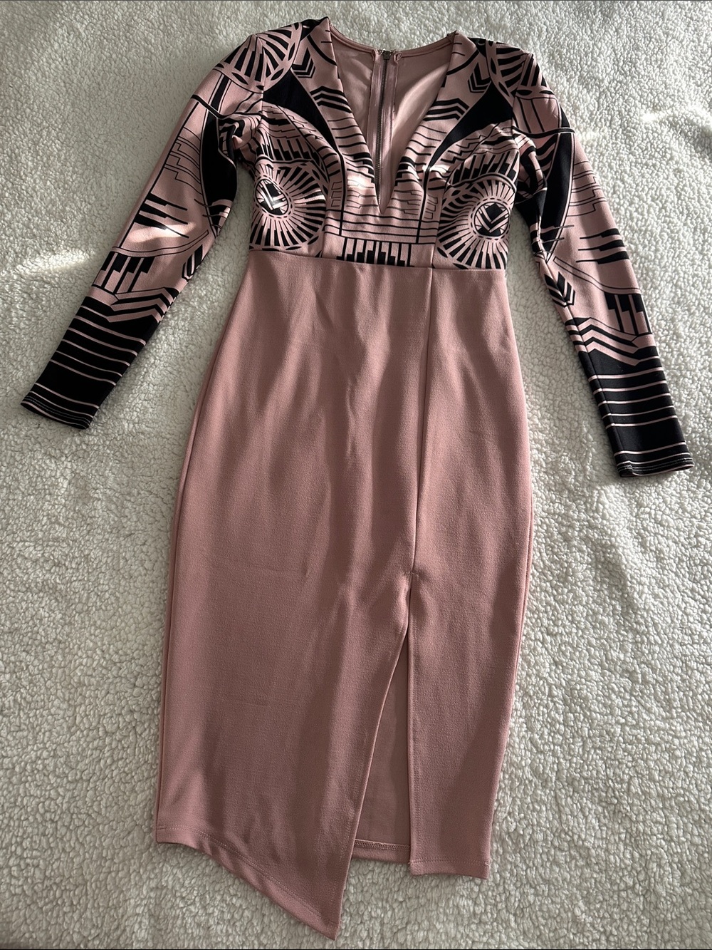Pink Bodycon Midi Dress with Geometric Black Print